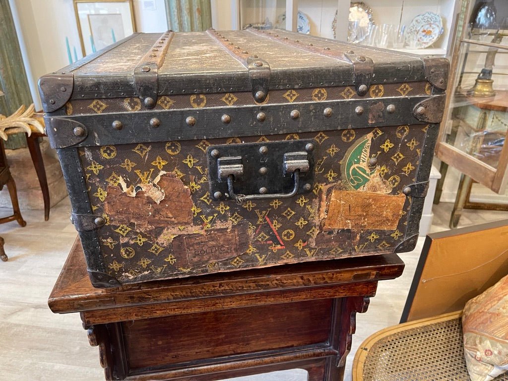 VINTAGE LOUIS VUITTON WOOD &amp; METAL STRAPPED HINGE - TOP STEAMER TRUNK - Helen Storey Antiques