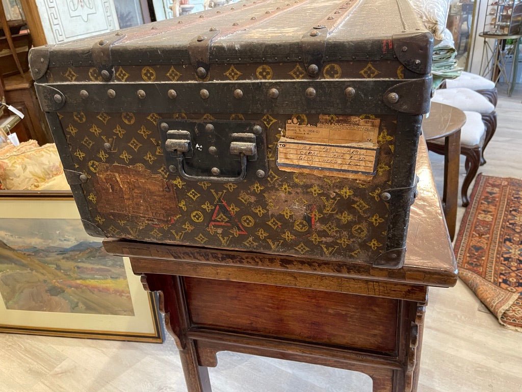 VINTAGE LOUIS VUITTON WOOD &amp; METAL STRAPPED HINGE - TOP STEAMER TRUNK - Helen Storey Antiques