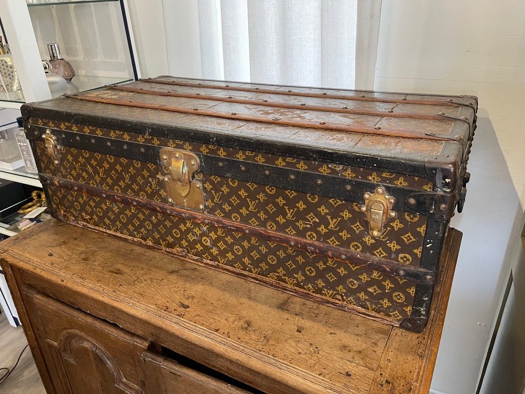 VINTAGE LOUIS VUITTON WOOD &amp; METAL STRAPPED HINGE - TOP STEAMER TRUNK - Helen Storey Antiques