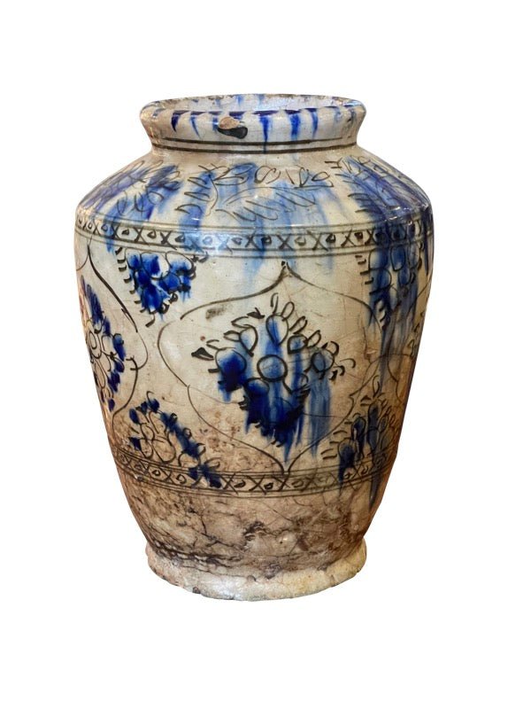 17th Century Persian Safavid Blue &amp; White Pottery Vase Jar - Helen Storey Antiques