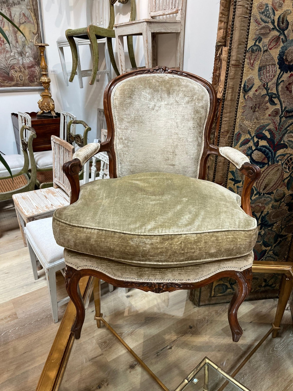 18th C. Louis XVI Green Velvet Fauteuil - Helen Storey Antiques