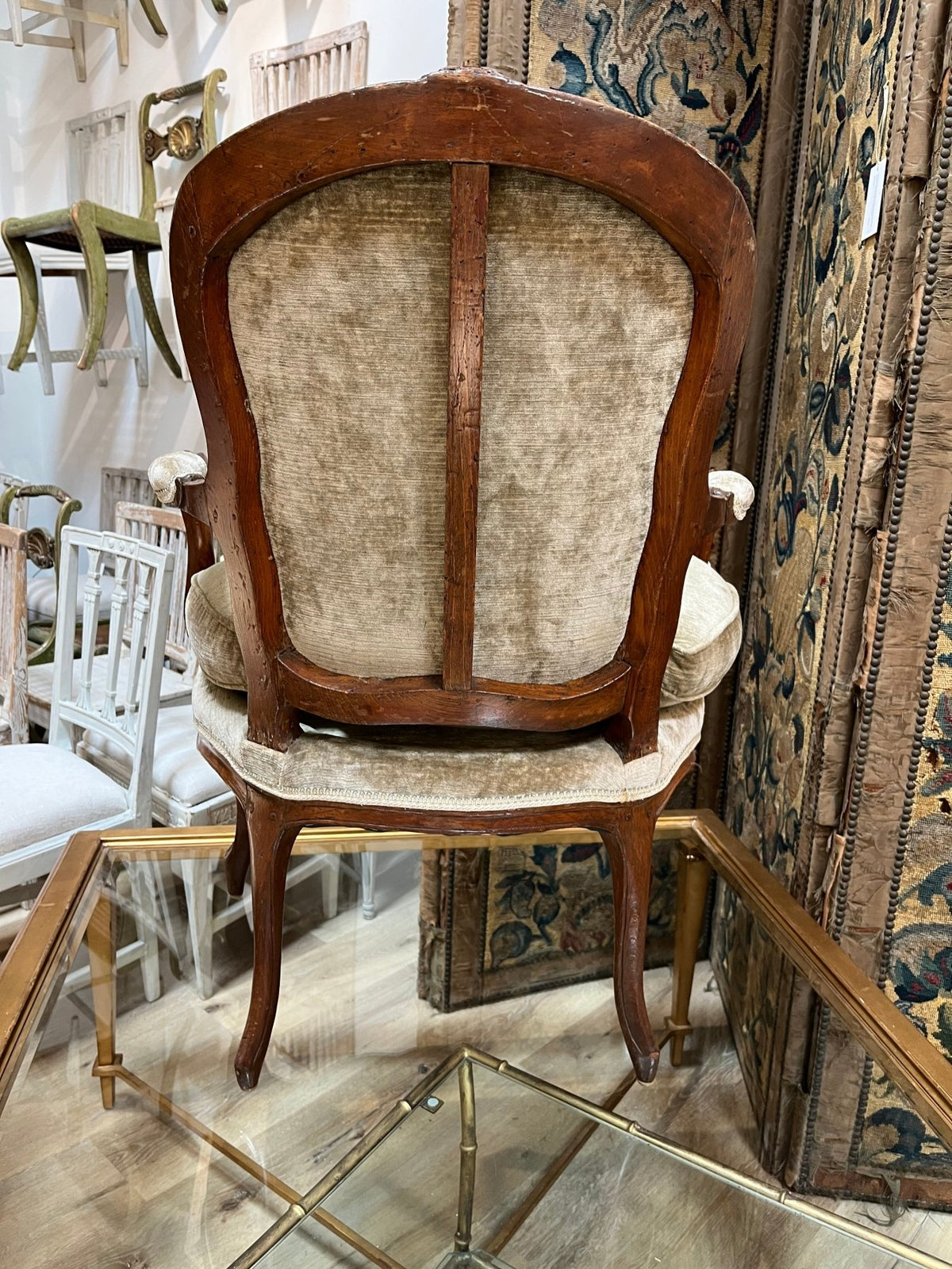 18th C. Louis XVI Green Velvet Fauteuil - Helen Storey Antiques