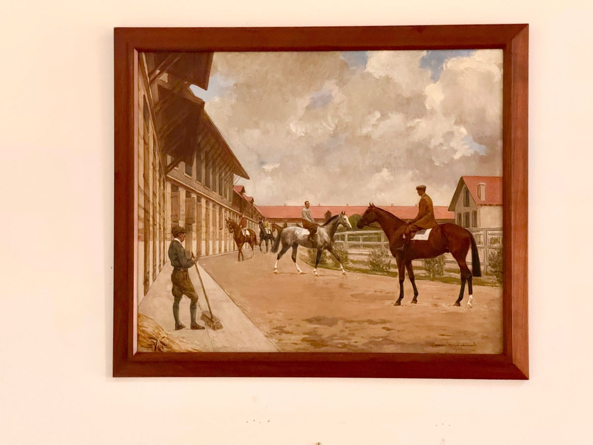 Andre Marchand (French, 1877 - 1951) equestrian oil on panel &quot;Riders in the Stables&quot; - Helen Storey Antiques