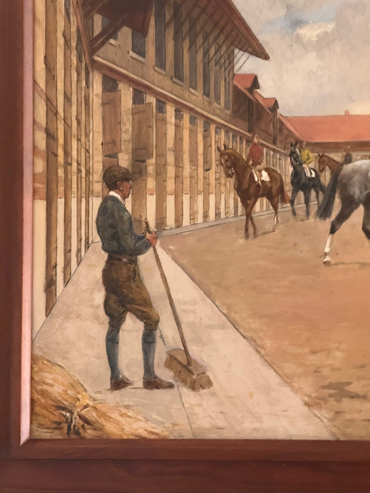 Andre Marchand (French, 1877 - 1951) equestrian oil on panel &quot;Riders in the Stables&quot; - Helen Storey Antiques