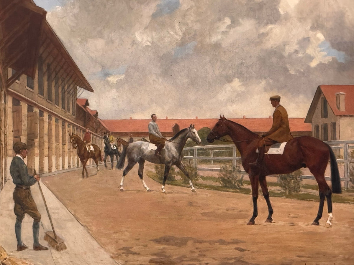 Andre Marchand (French, 1877 - 1951) equestrian oil on panel &quot;Riders in the Stables&quot; - Helen Storey Antiques