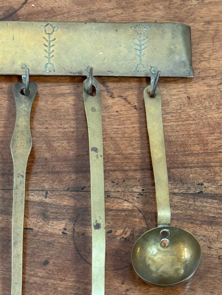 Early 19th Century Brass kitchen utensil hanger with utensils - Helen Storey Antiques