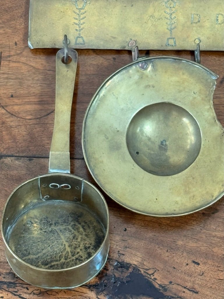 Early 19th Century Brass kitchen utensil hanger with utensils - Helen Storey Antiques