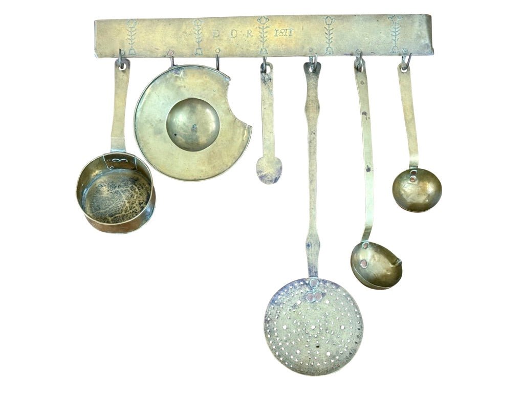 Early 19th Century Brass kitchen utensil hanger with utensils - Helen Storey Antiques