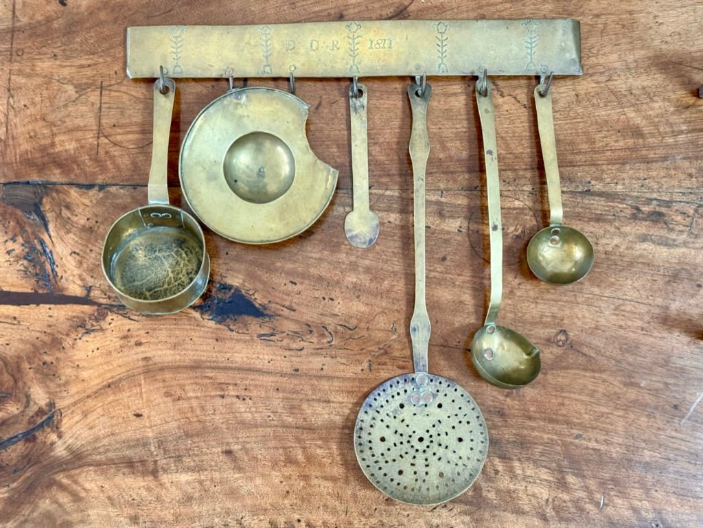 Early 19th Century Brass kitchen utensil hanger with utensils - Helen Storey Antiques