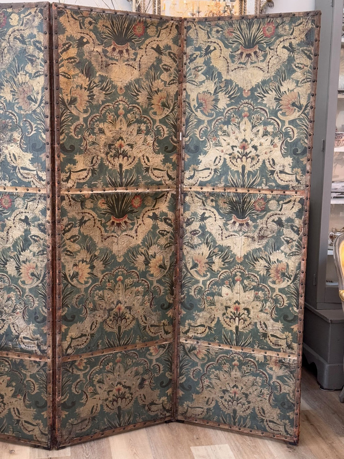 Embossed Leather 4 - Panel Screen, Pale Green and golds - 18th Century - Helen Storey Antiques