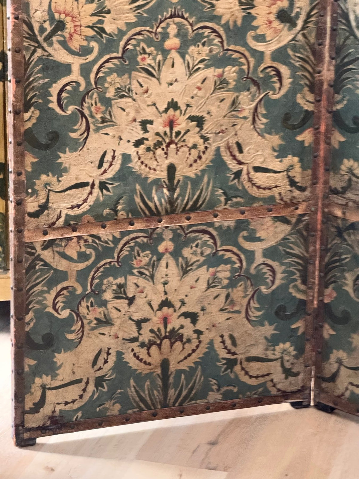 Embossed Leather 4 - Panel Screen, Pale Green and golds - 18th Century - Helen Storey Antiques