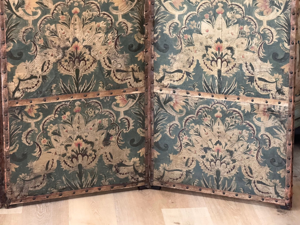 Embossed Leather 4 - Panel Screen, Pale Green and golds - 18th Century - Helen Storey Antiques