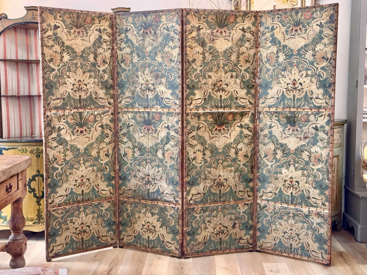 Embossed Leather 4 - Panel Screen, Pale Green and golds - 18th Century - Helen Storey Antiques