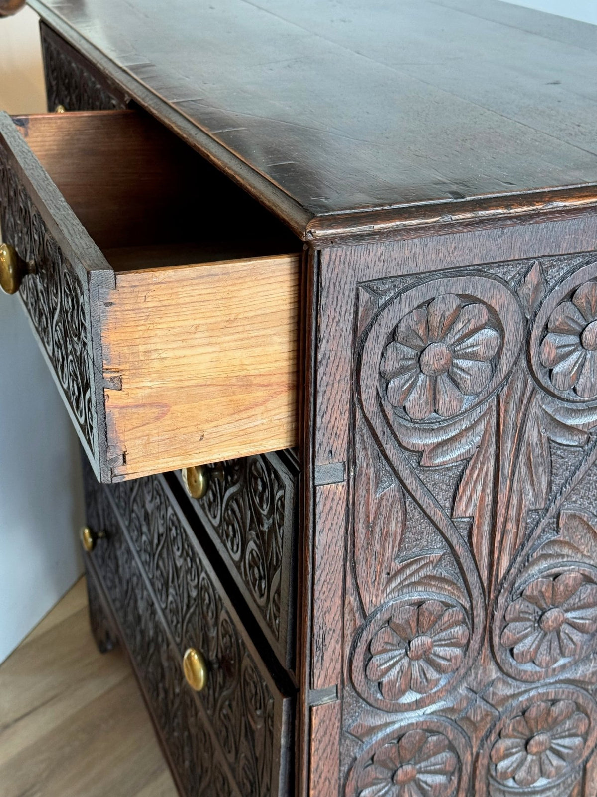 English Carved Oak Chest of Drawers, Georgian - Helen Storey Antiques