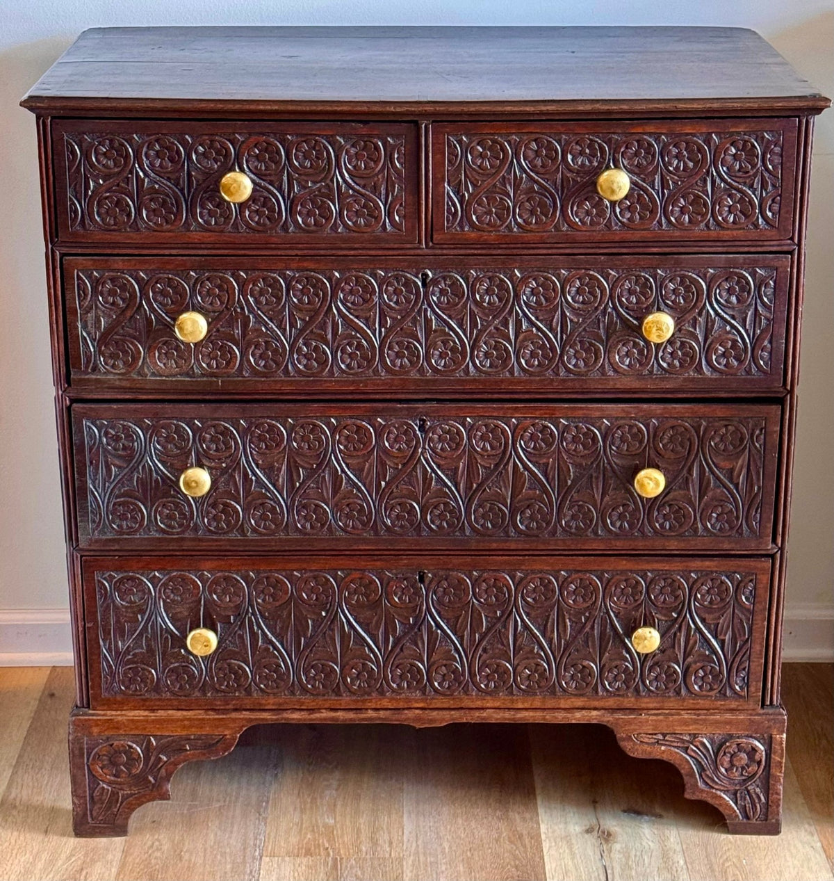 English Carved Oak Chest of Drawers, Georgian - Helen Storey Antiques