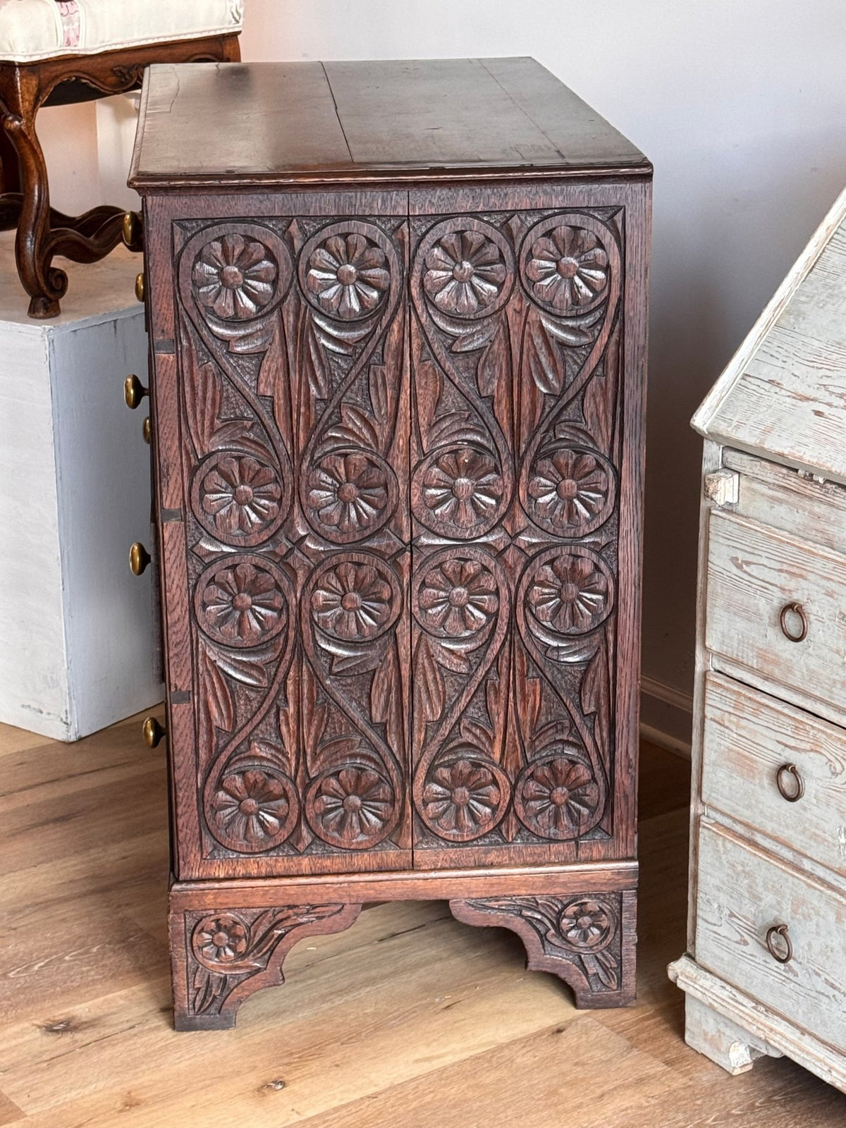 English Carved Oak Chest of Drawers, Georgian - Helen Storey Antiques