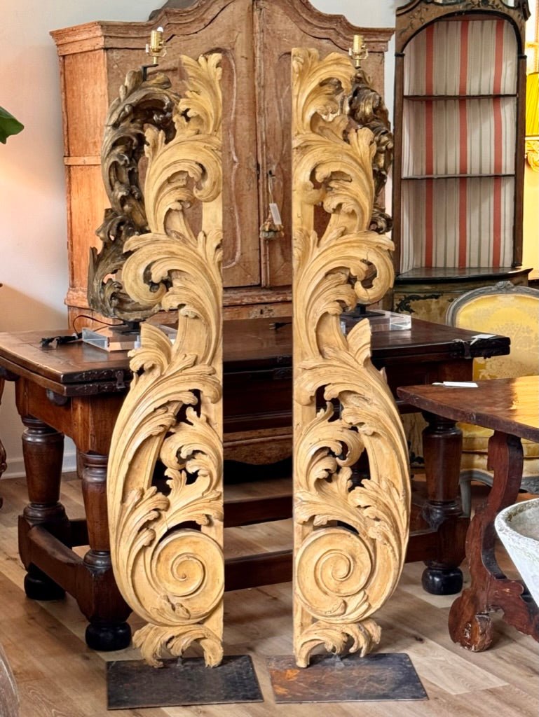 Tall carved, gilded fragments, French, on stands - Helen Storey Antiques