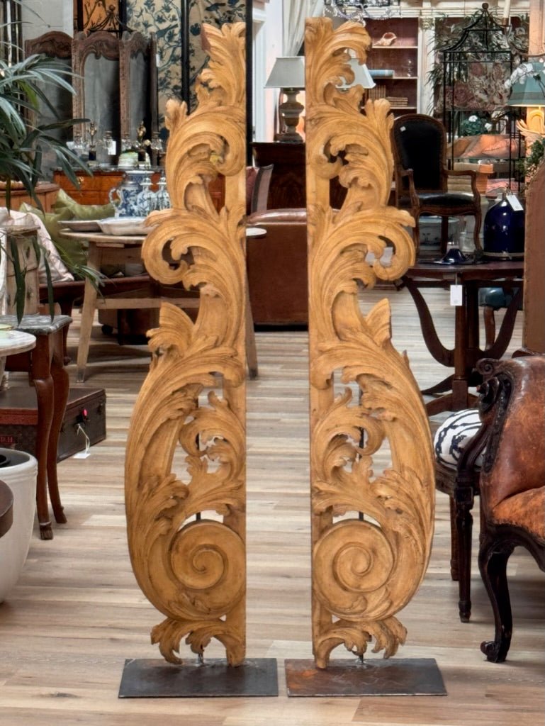 Tall carved, gilded fragments, French, on stands - Helen Storey Antiques